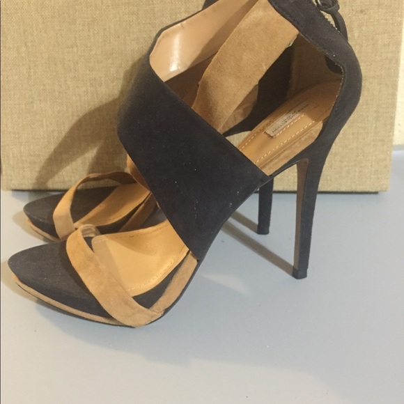 Zara Black & tan brown suede open‎ toe cross band platform stilettos size 41/10 - Picture 12 of 14